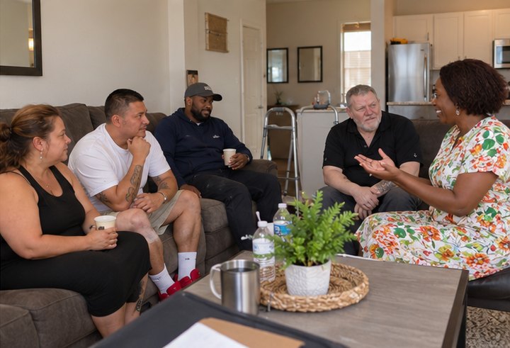 A case manager talking with participants in a living room