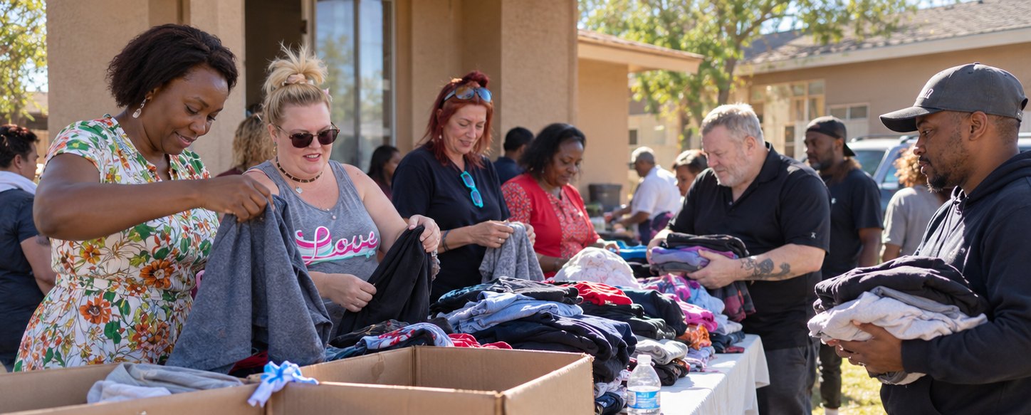 Arise Kind Hands volunteers sorting donated clothing at a community clothing drive